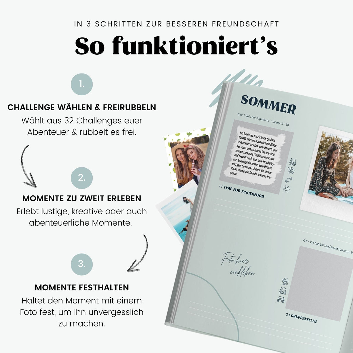 Infografik: Challengebuch für beste Freundinnen in drei Schritten, aufgeschlagene Sommer-Seite mit Fotos