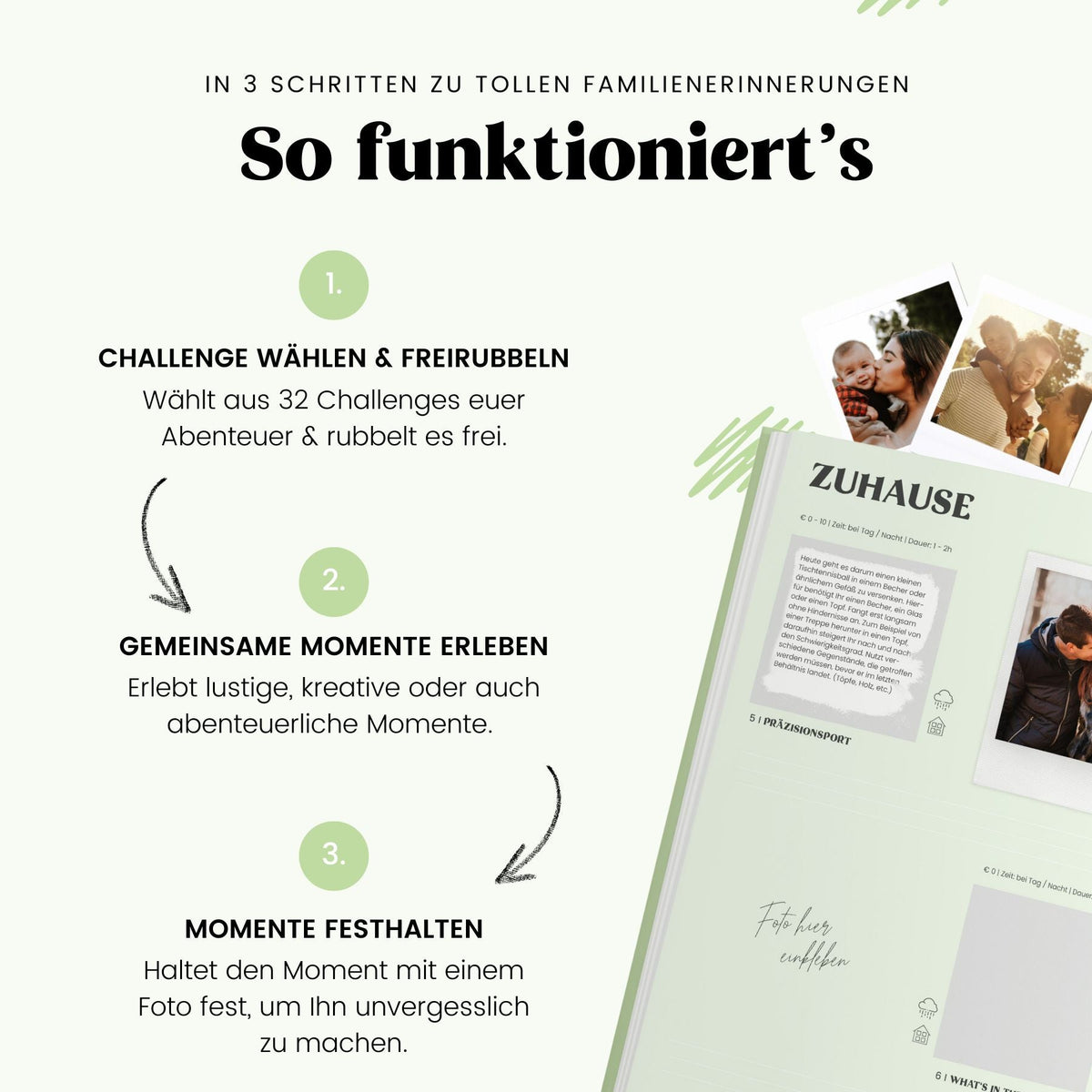 Infografik zum Challengebuch für Familien: Challenge freirubbeln, gemeinsam erleben, Familienfoto einkleben