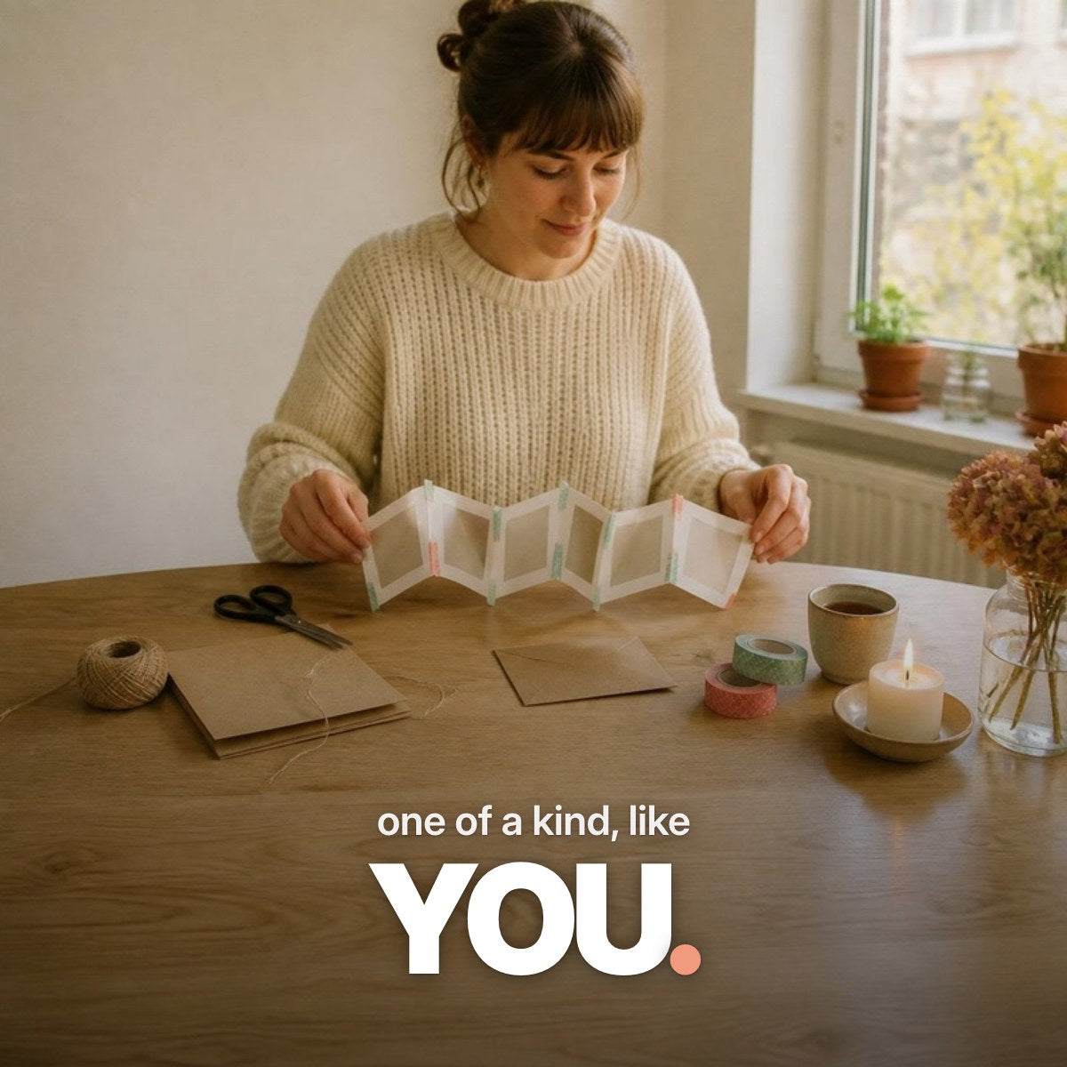 Schriftzug ‚one of a kind, like YOU.‘ über einem Foto, auf dem Frauenhände an einem Holztisch mit Washi-Tape, Schere und Tee ein selbstgemachtes Leporello aus Sofortbildern basteln.