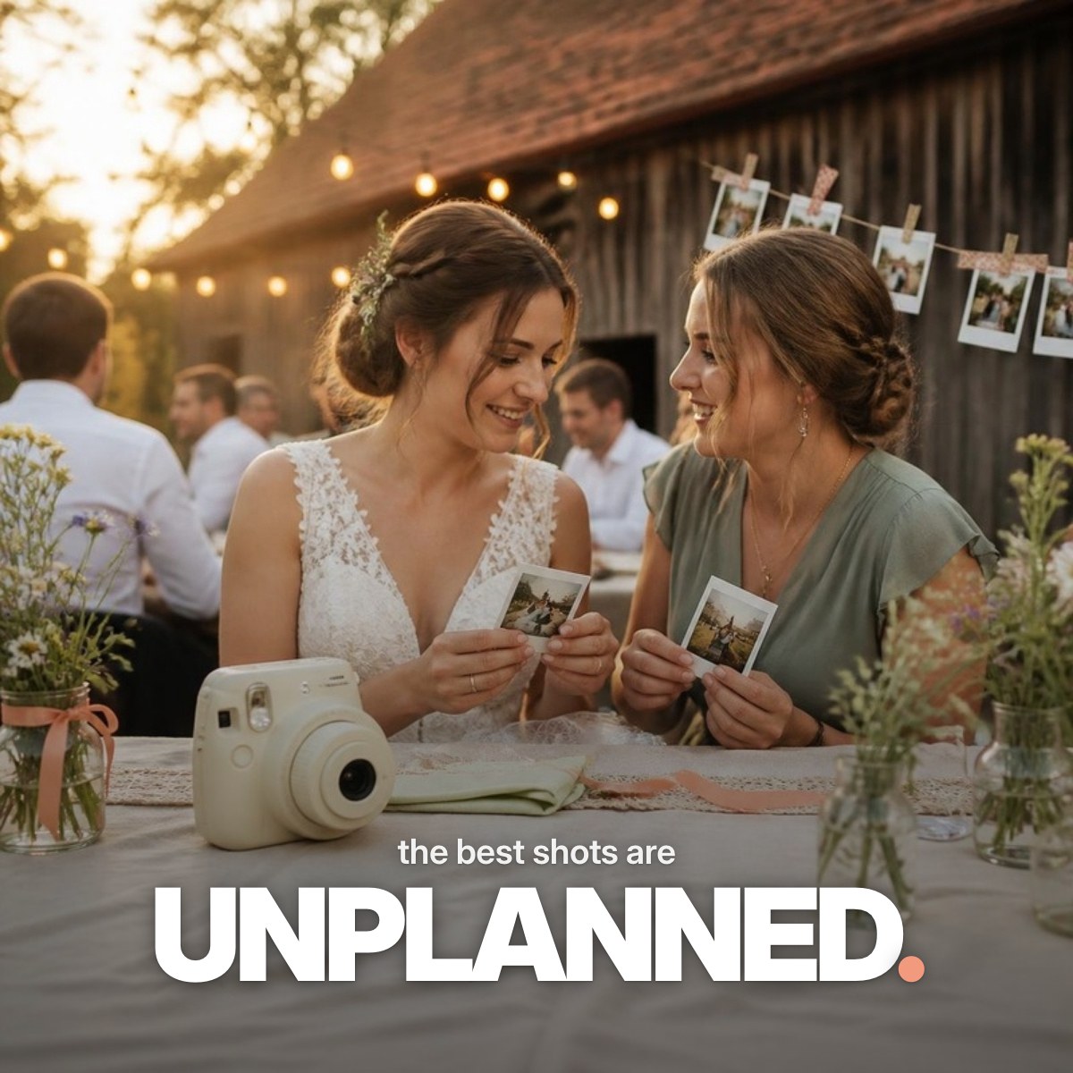 Schriftzug ‚the best shots are UNPLANNED.‘ über einem Foto, auf dem die Hände einer Braut und eines Gastes bei einer sommerlichen Gartenhochzeit unter Lichterketten frisch entwickelte Sofortbilder halten.