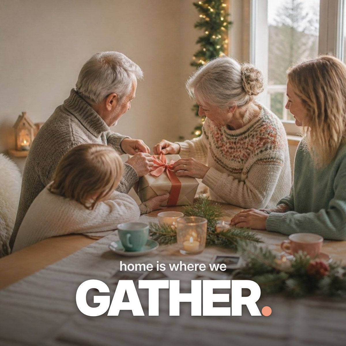 Schriftzug ‚home is where we GATHER.‘ über einem warmen Foto, auf dem ein älteres Paar an einem weihnachtlich gedeckten Tisch im Kreis der Familie ein Geschenk mit korallfarbener Schleife auspackt.