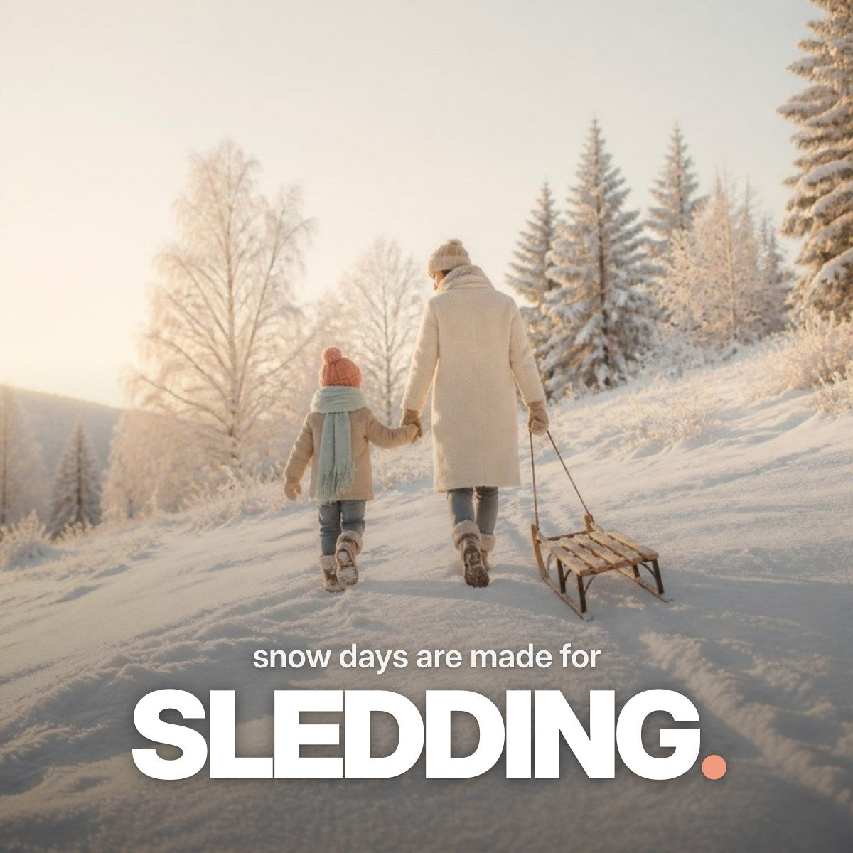 Schriftzug ‚snow days are made for SLEDDING.‘ über einem Foto eines Elternteils und eines Kindes, die von hinten zu sehen sind und Hand in Hand einen Holzschlitten einen verschneiten Hügel im Winterlicht hinaufziehen.