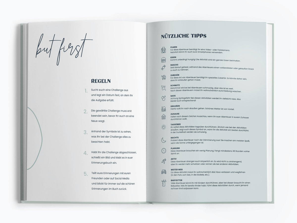 Aufgeschlagenes Challengebuch für Freundinnen mit den Seiten „Regeln“ und „Nützliche Tipps“ samt Symbolerklärung