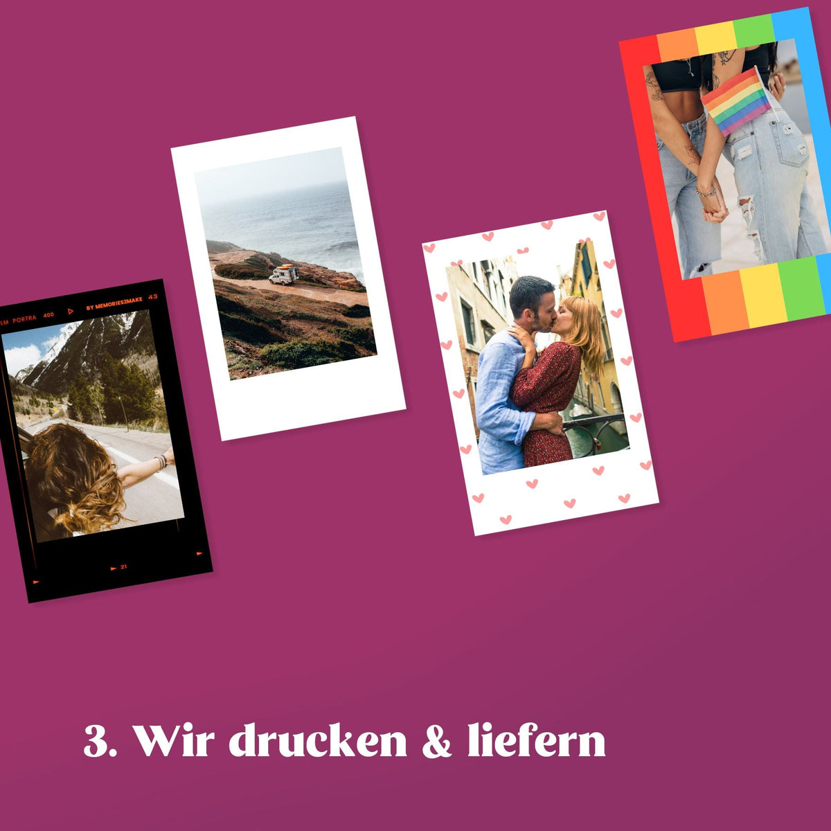 Vier Fotodrucke im Polaroid-Stil mit Urlaubs- und Paarmotiven, darunter ein Herzchen- und ein Regenbogenrahmen