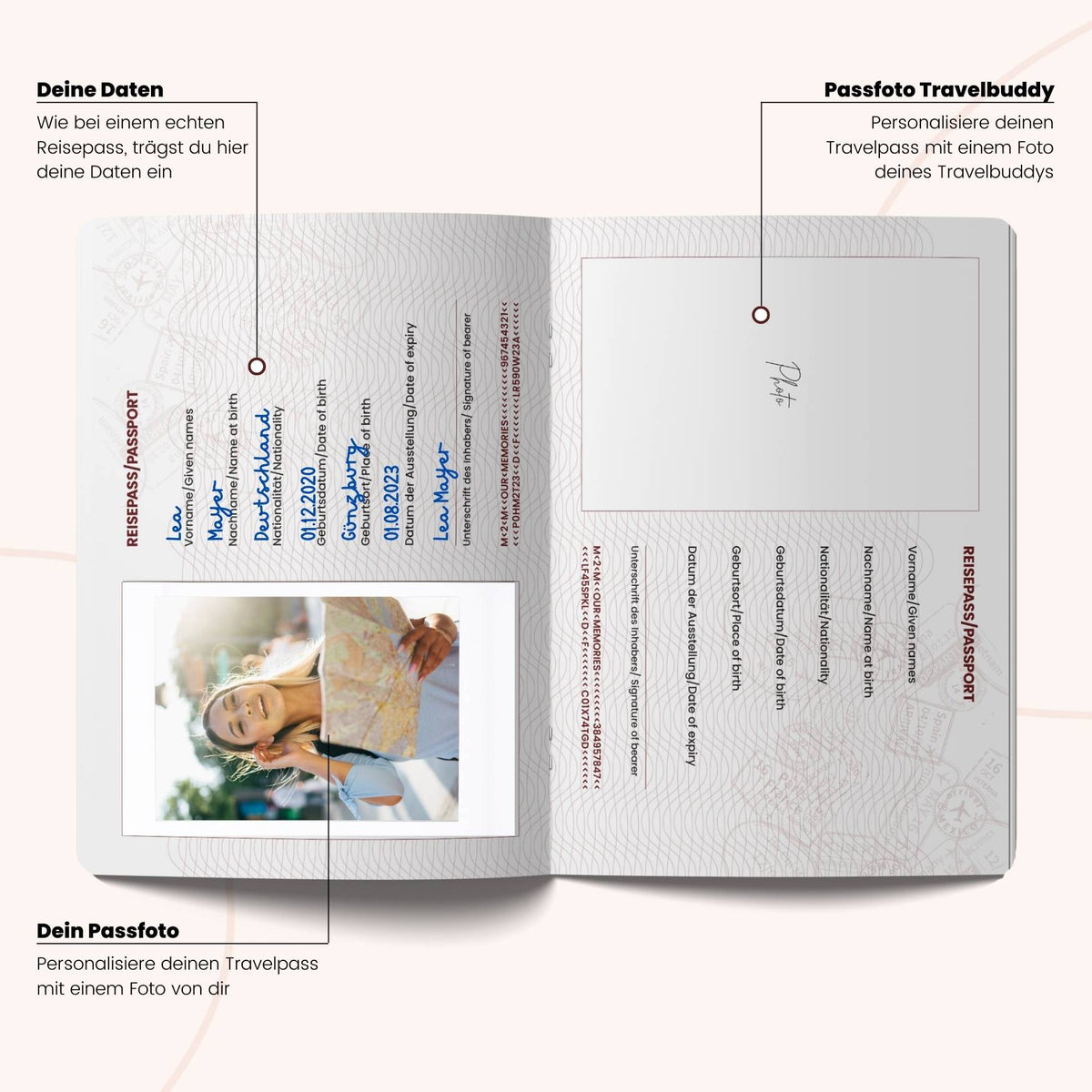 Infografik zum Travelpass: Passseiten zum Eintragen eigener Daten und Platz für Passfotos von dir und deinem Travelbuddy
