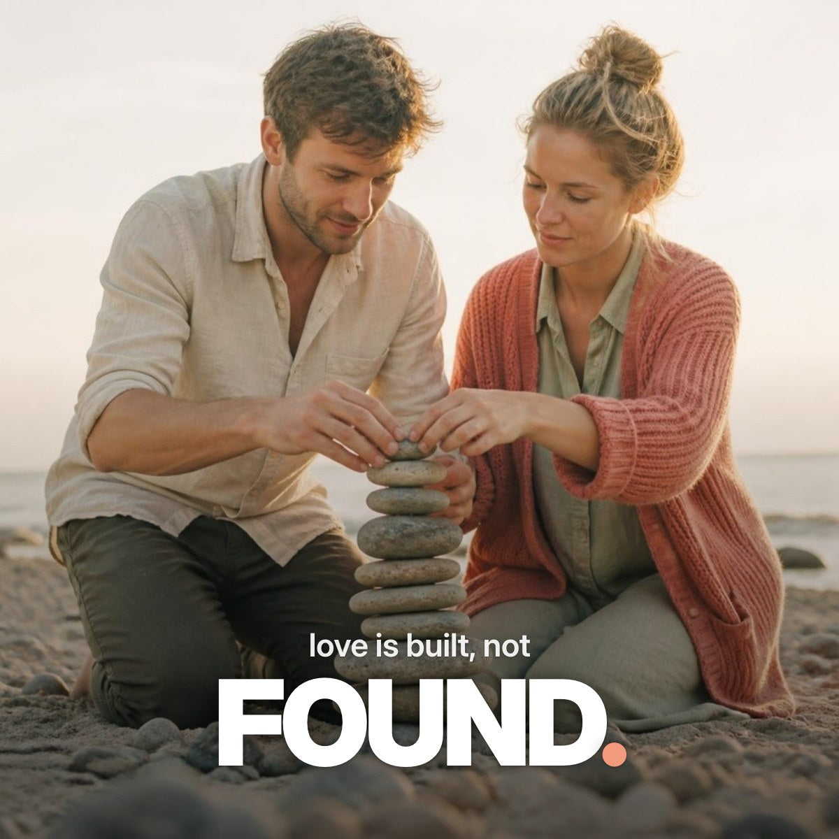 Schriftzug ‚love is built, not FOUND.‘ über einem Foto, auf dem ein Paar an einem sonnigen Ostseestrand gemeinsam flache Steine zu einem kleinen Türmchen stapelt.
