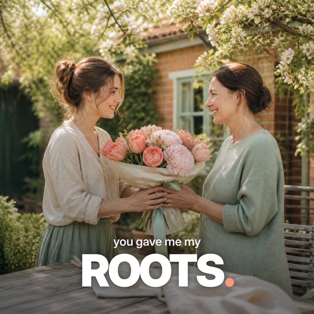 Schriftzug ‚you gave me my ROOTS.‘ über einem Foto, auf dem eine erwachsene Tochter ihrer Mutter an einem sonnigen Maimorgen im Garten einen Strauß Pfingstrosen und Tulpen überreicht.