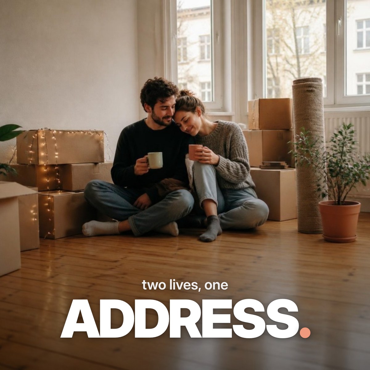 Schriftzug ‚two lives, one ADDRESS.‘ über einem Foto eines jungen Paares, das mit Teetassen zwischen Umzugskartons auf dem Holzboden seiner hellen, noch leeren ersten gemeinsamen Wohnung sitzt.