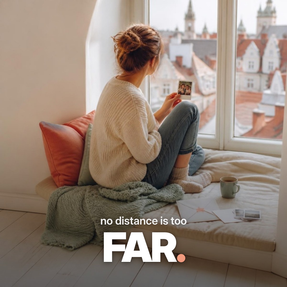 Schriftzug ‚no distance is too FAR.‘ über einem Foto einer jungen Frau, die am Fenster mit Tee sitzt und ein Sofortbild von sich und ihrer Freundin betrachtet, daneben ein Brief mit Washi-Tape.
