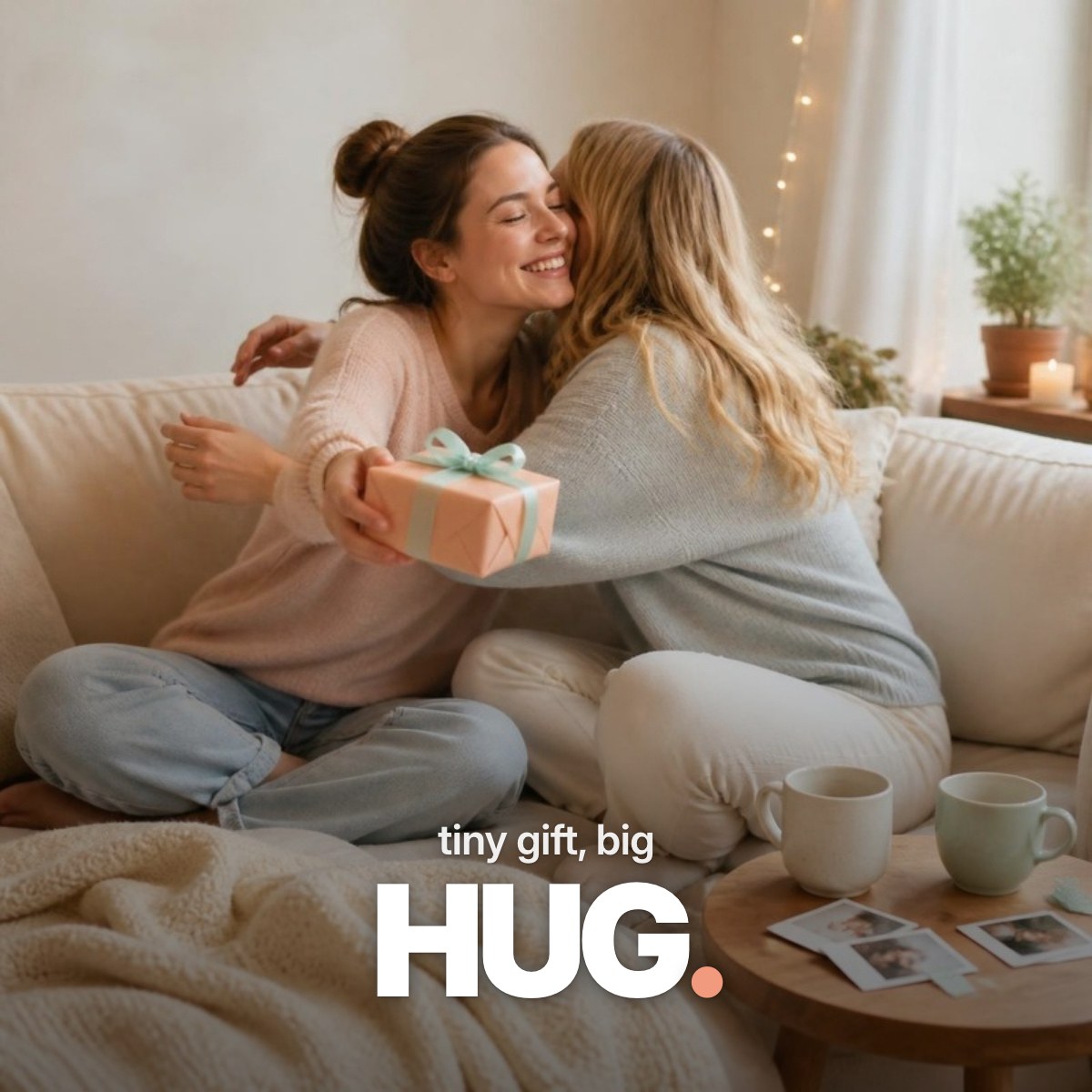 Schriftzug ‚tiny gift, big HUG.‘ über einem Foto zweier Freundinnen auf einem hellen Sofa, die sich nach der Übergabe eines kleinen, korallfarben verpackten Geschenks herzlich umarmen.