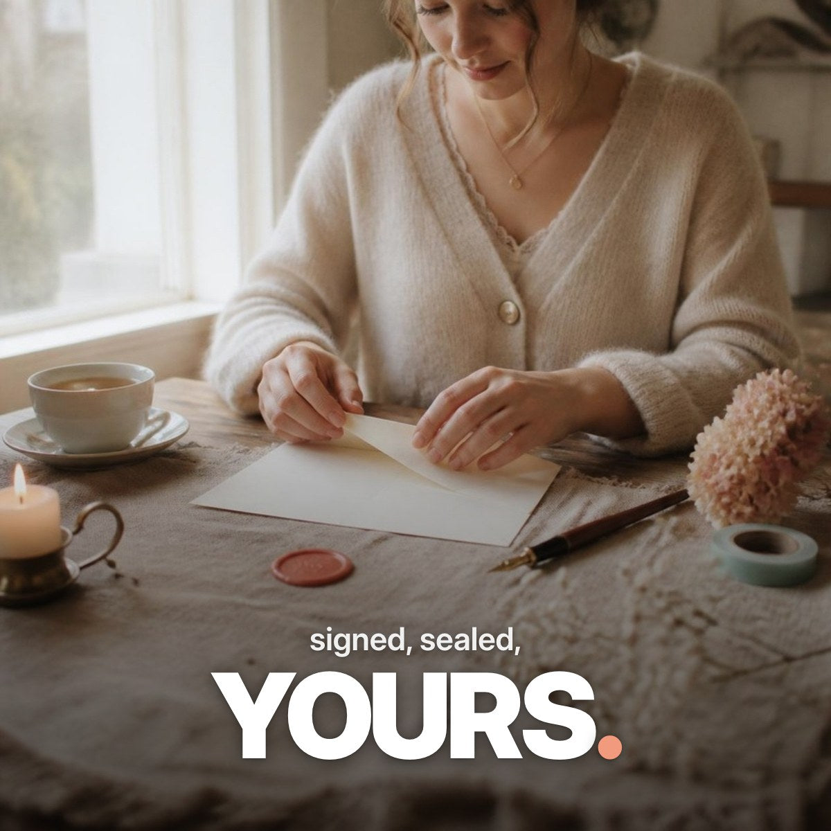 Schriftzug ‚signed, sealed, YOURS.‘ über einem Foto, auf dem Frauenhände an einem hellen Holztisch im Winterlicht ein leeres Briefpapier mit Wachssiegel, Füller, Tee und Kerze in einen Umschlag falten.