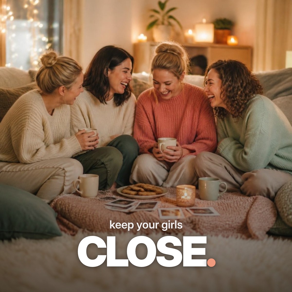 Schriftzug ‚keep your girls CLOSE.‘ über einem Foto von vier lachenden Freundinnen, die an einem Winterabend bei Lichterketten, Kerzen, Tee und Plätzchen eng zusammen auf einem Sofa sitzen.
