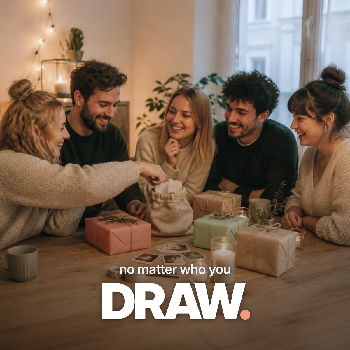 Schriftzug ‚no matter who you DRAW.‘ über einem Foto einer gemischten Freundesgruppe, die an einem Holztisch bei Kerzen- und Lichterkettenlicht Lose aus einem Leinenbeutel zieht, umgeben von verpackten Geschenken und Sofortbildern.