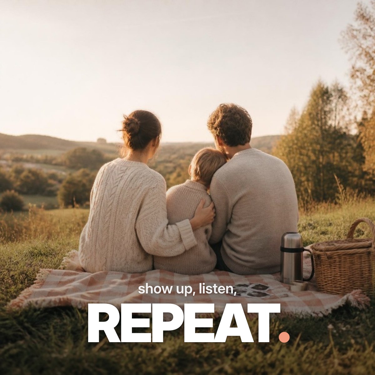 Schriftzug ‚show up, listen, REPEAT.‘ über einem Foto einer Familie, die von hinten gesehen eng zusammen auf einer Picknickdecke am Rand einer herbstlichen Wiese im warmen Nachmittagslicht sitzt.